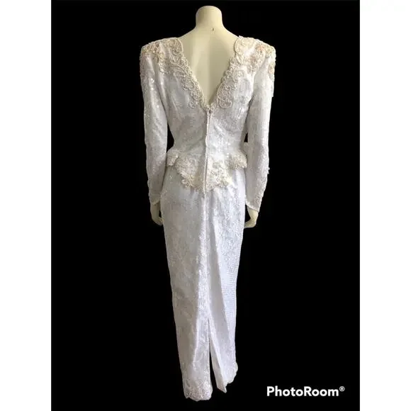 Vintage wedding sequenced dress with detachable skirt & train Ivory gold medium - Picture 17 of 17